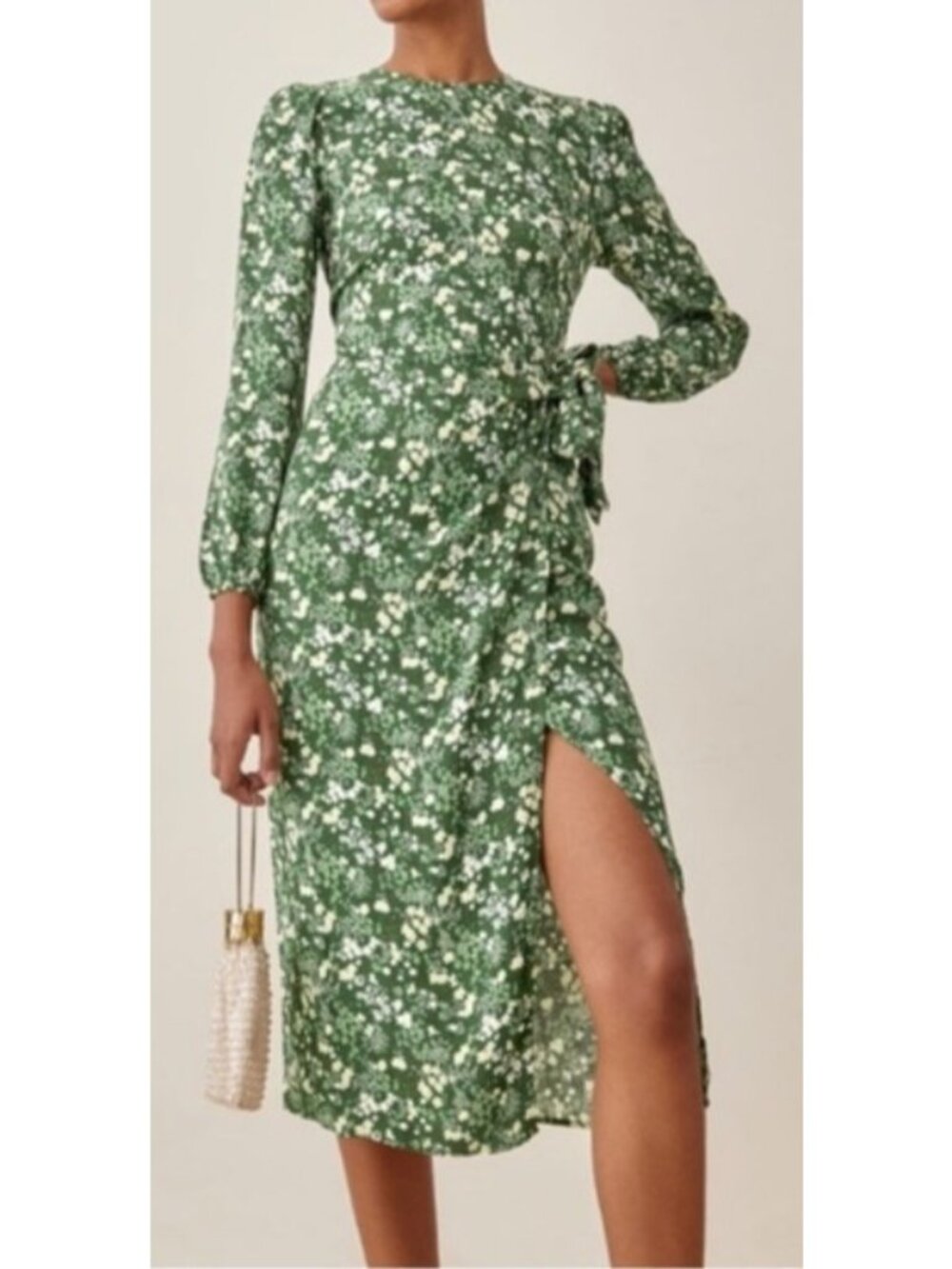 Reformation Reza Dress Autumnal Green Floral Wrap Midi Size 2